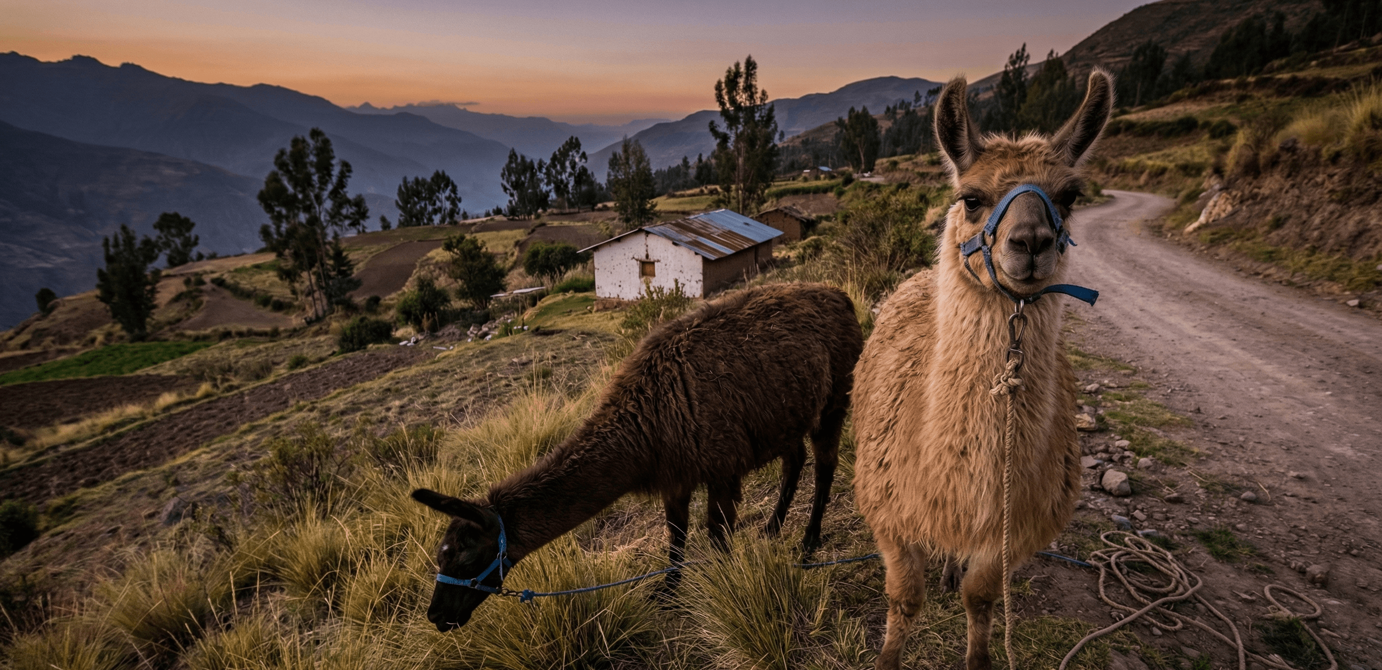 Two alpacas in front of a mountainous countryside.
