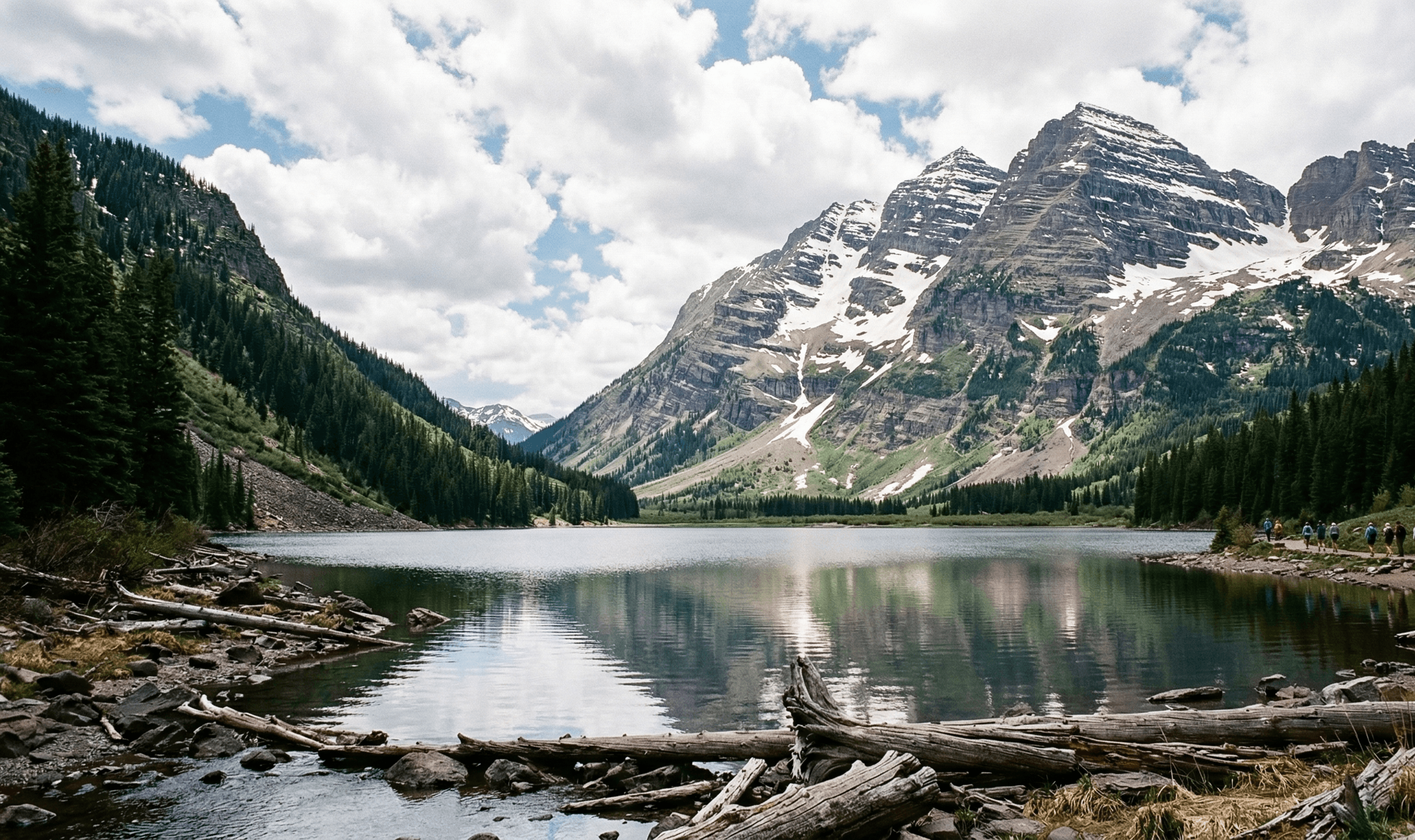 The Maroon Bells mountain range with a lake.