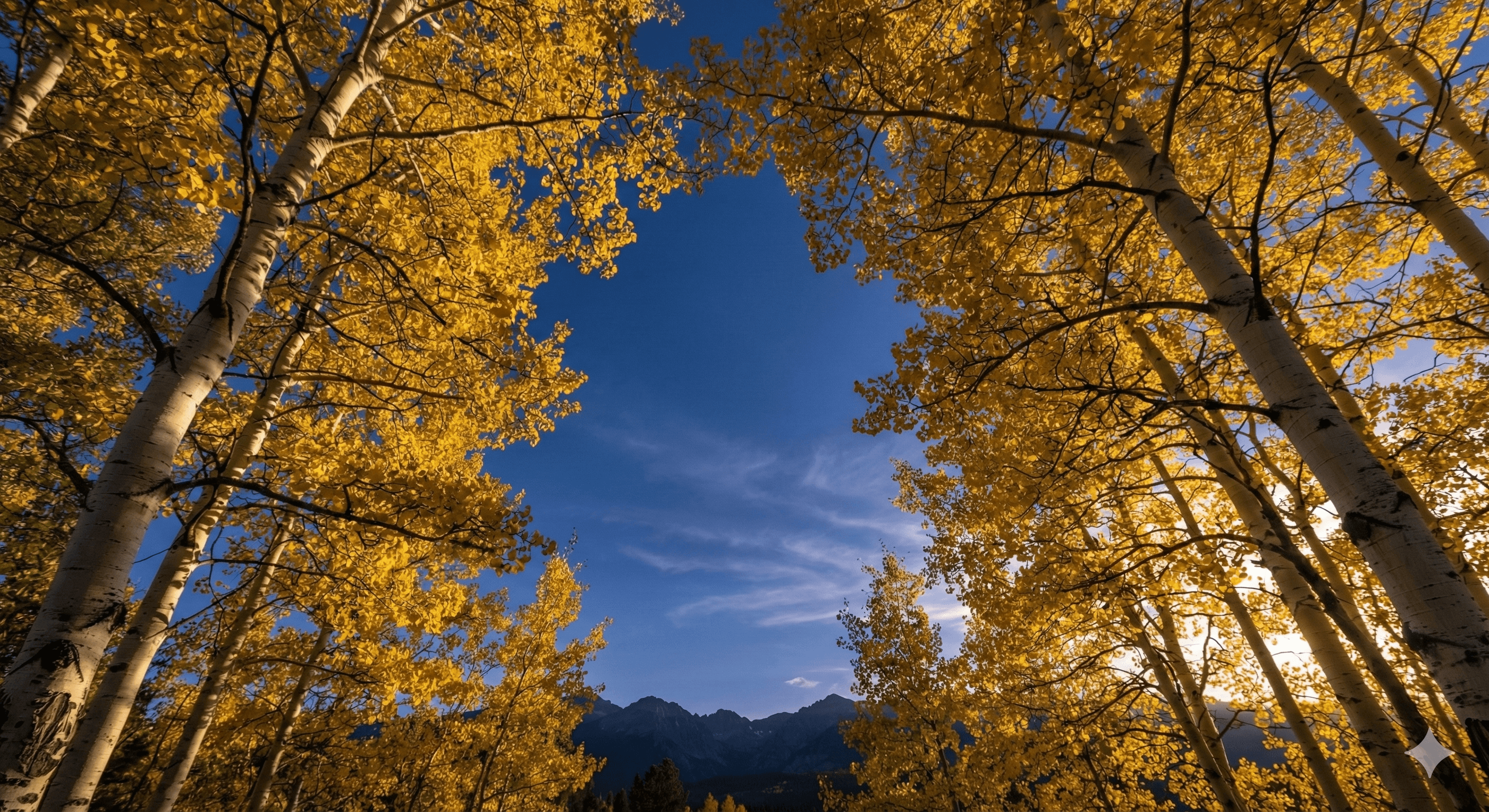 Yellow aspen trees frame a blue sky.