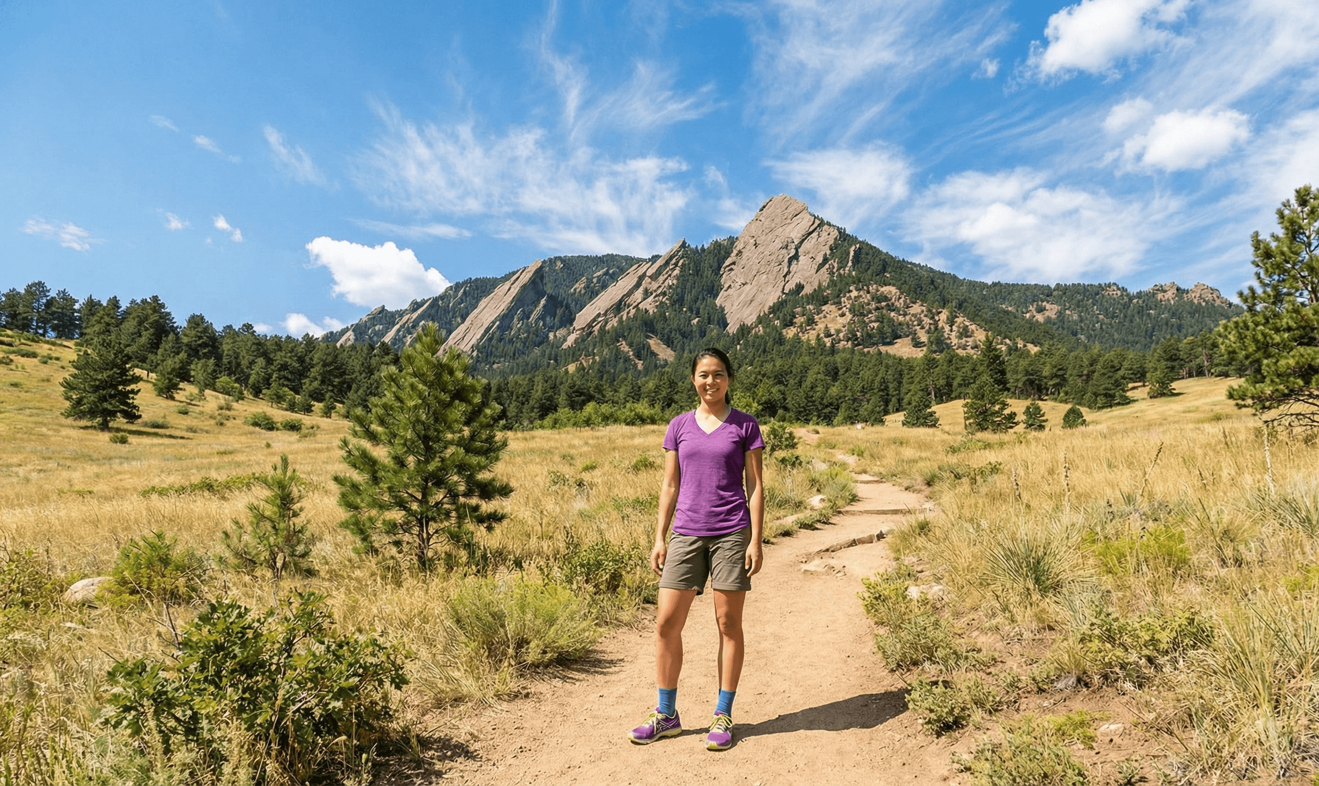 A woman poses on a hiking trail near the Flatirons of Boulder, Colorado.