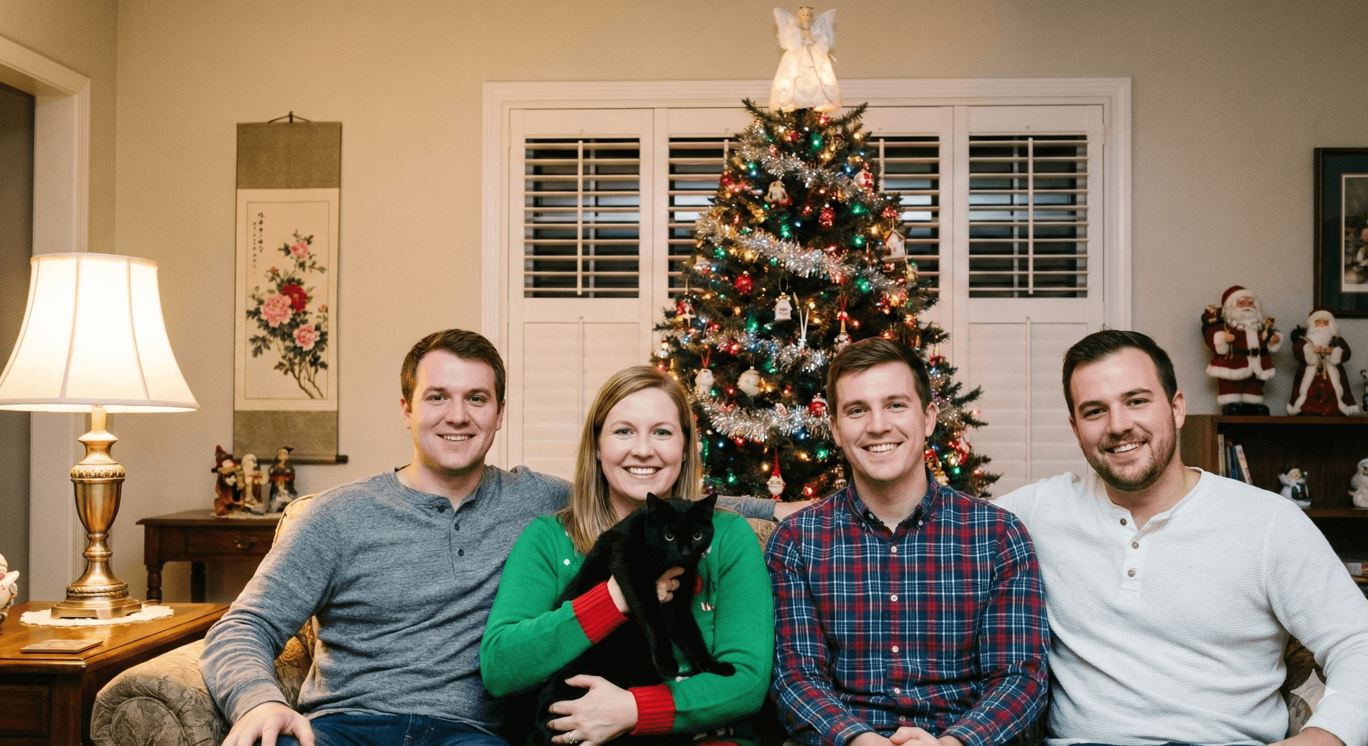 A family of four poses on a couch in front of a Christmas tree.